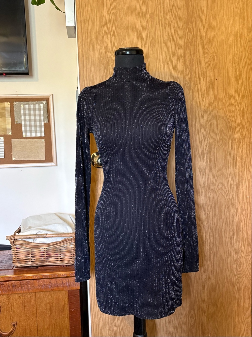 Black Long-Sleeve Ribbed Mock Neck Dress
